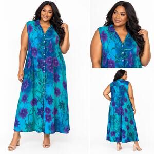 Vintage Phool Dress Womens 3X Teal Purple Floral Rayon Button Front Maxi Boho